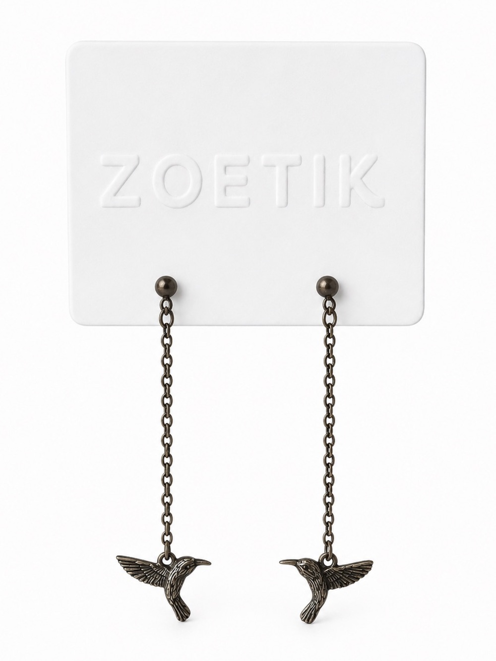 Zoetik Gunmetal Hummingbird Chain Drop Earrings Bird Dangle Boho NWT Boutique